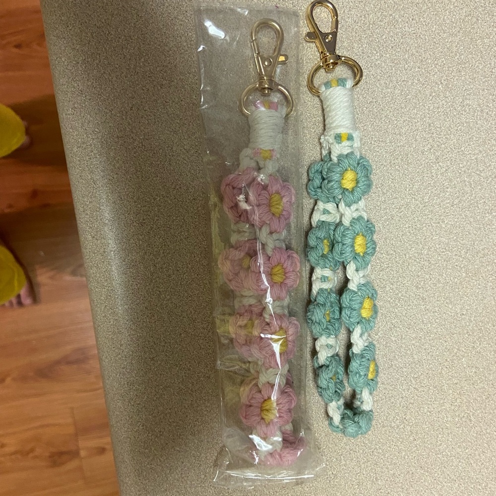 Blue and pink macrame keychain